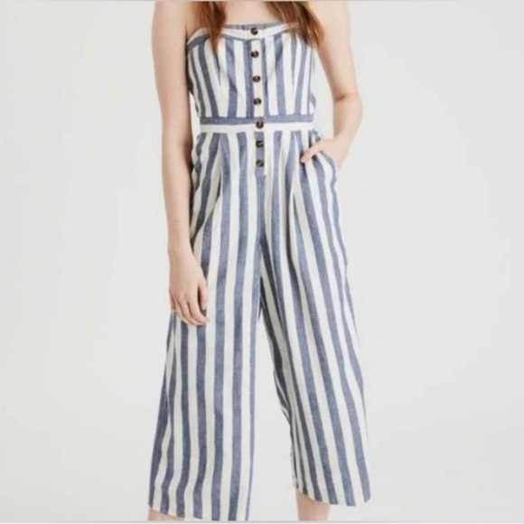 American Eagle Outfitters Pants - American Eagle striped linen blend jumpsuit blue and white